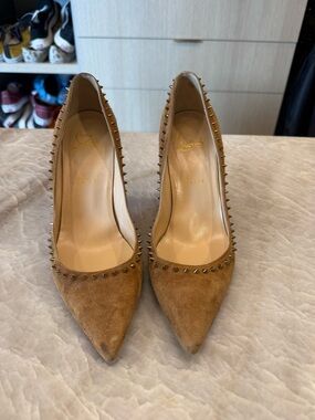 Christian Louboutin Brown Suede Pointed-Toe Pumps with Stud Trim